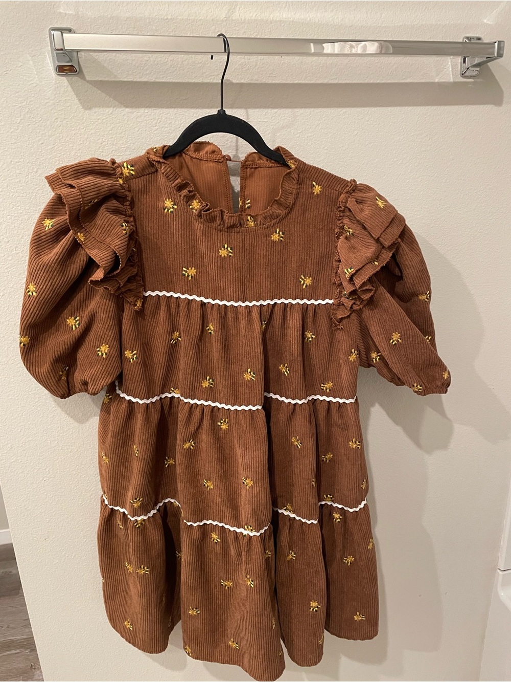 Babydoll Brown Ruffle Corduroy Dress with Yellow Florals
